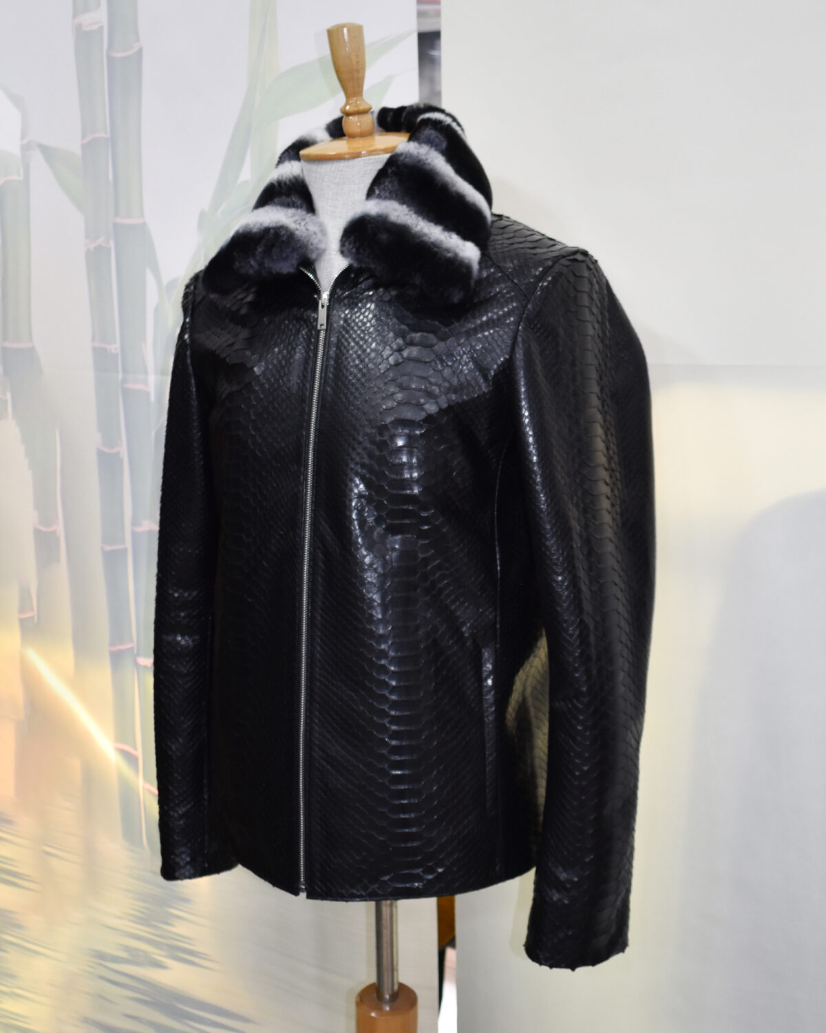 Black Python Jacket with Rex Fur Collar