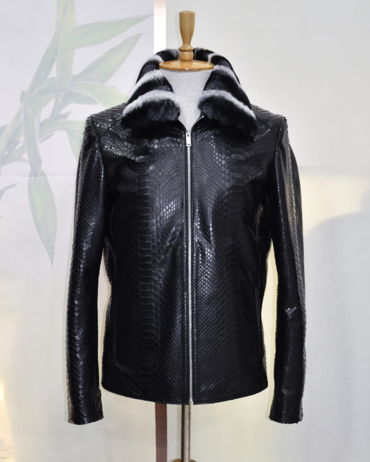 Black Python Jacket with Rex Fur Collar