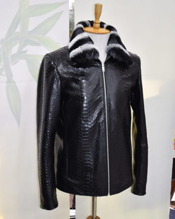 Genuine Python Skin Rex Fur Collar Men's Exotic Leather Luxury Black Jacket