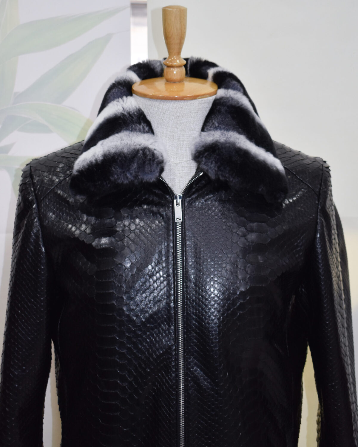 Black Python Jacket with Rex Fur Collar
