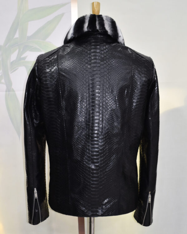 Genuine Python Skin Rex Fur Collar Men's Exotic Leather Luxury Black Jacket