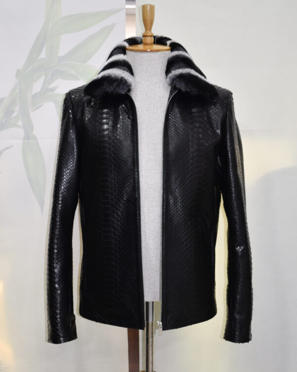 Genuine Python Skin Rex Fur Collar Men's Exotic Leather Luxury Black Jacket