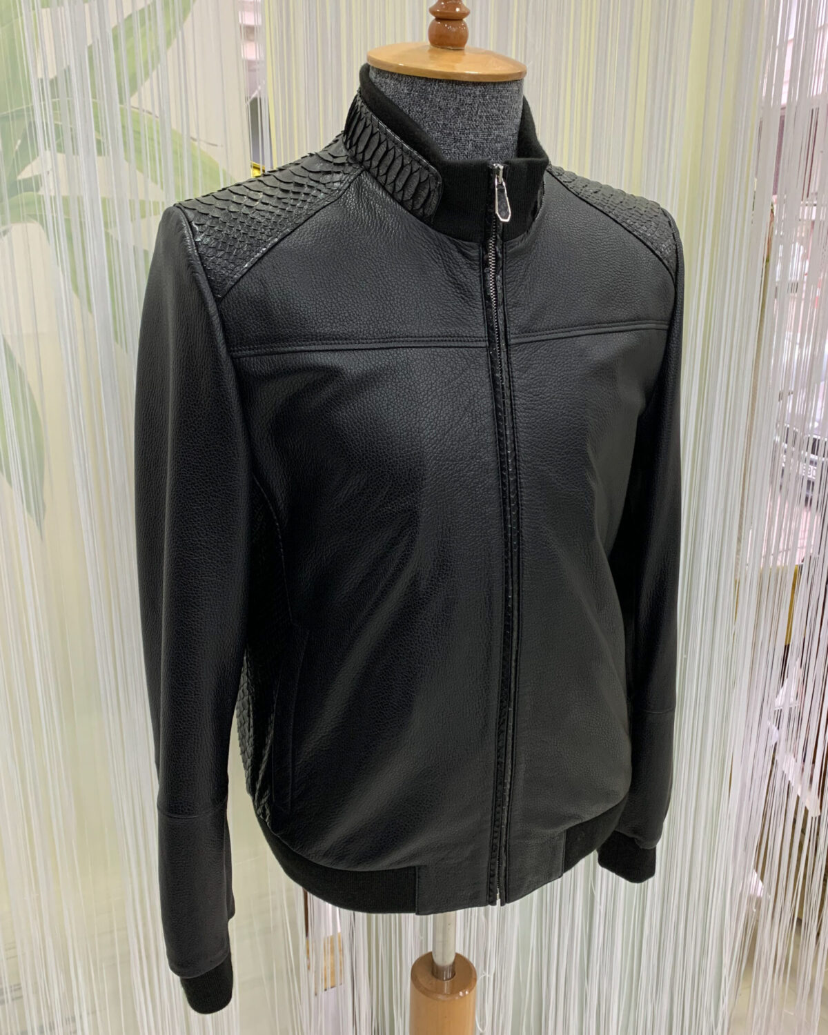Black Textured Leather Jacket with Python Trim