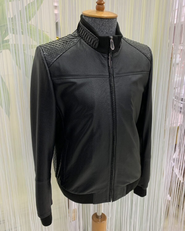 Men's Real Python Skin Trim Textured Genuine Leather Black Luxury Jacket