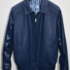 Men's Real Ostrich Leather With Genuine Lambskin Navy Blue Handmade Jacket