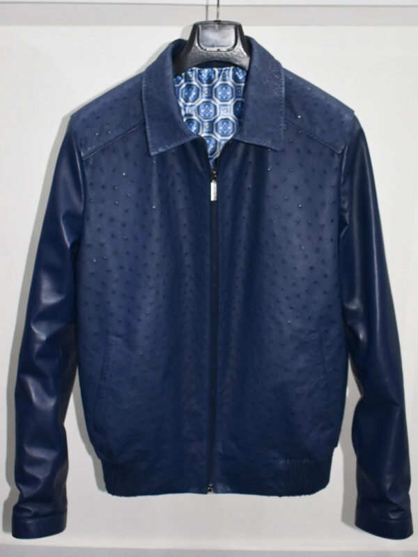 Men's Real Ostrich Leather With Genuine Lambskin Navy Blue Handmade Jacket