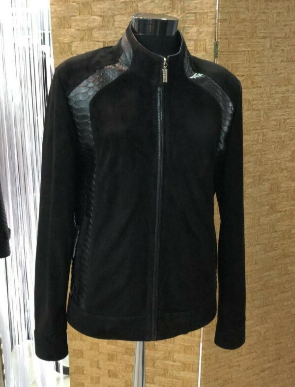 Genuine Python Leather Trim Suede Black Men's Bespoke Jacket