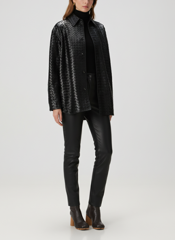 Hand Woven Leather Shirt: Women's Braided Handmade Lambskin Oversized Jacket