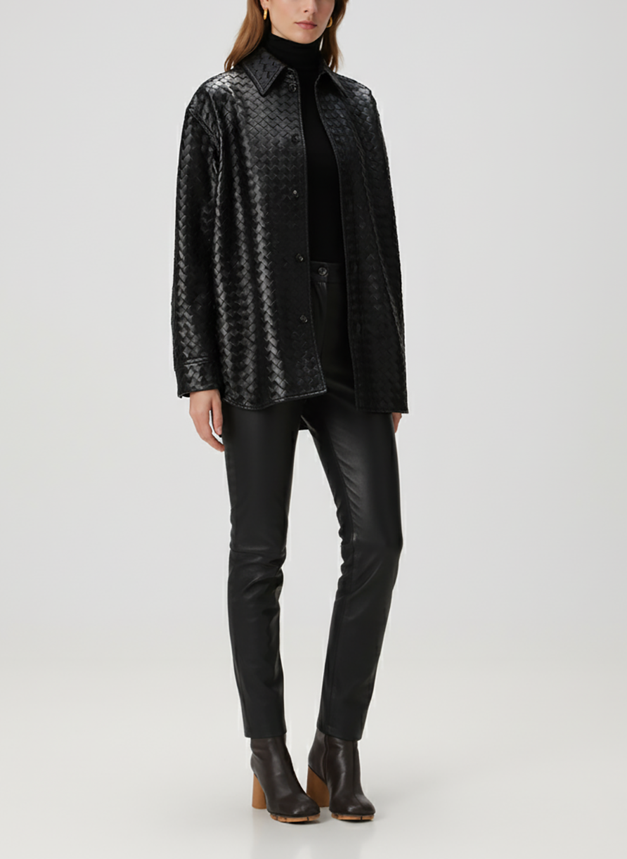 Intrecciato Woven Leather Shirt: Women's Handmade Lambskin Oversized Jacket