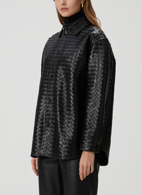 Hand Woven Leather Shirt: Women's Braided Handmade Lambskin Oversized Jacket