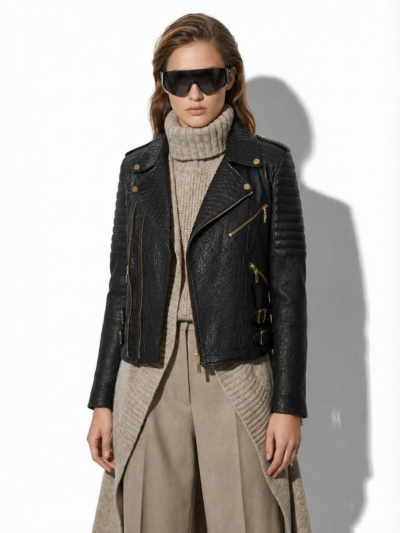 Leather Biker Jacket with Python Trim