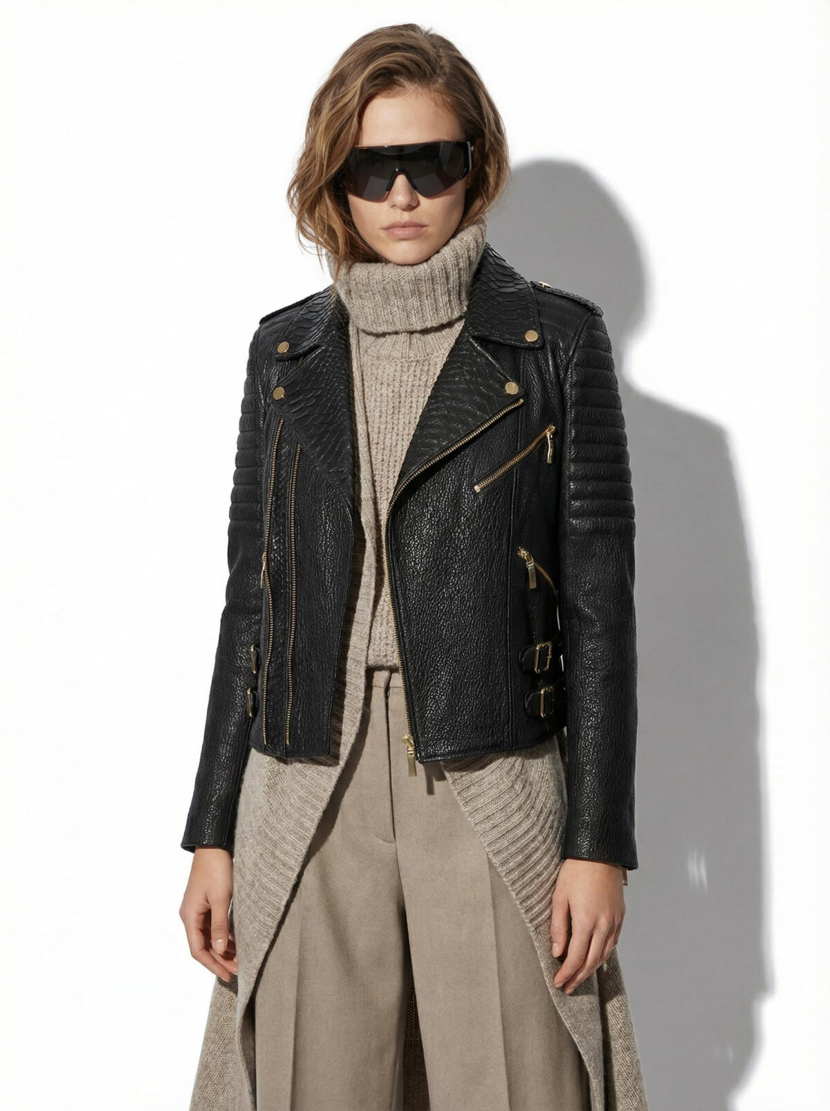 Leather Biker Jacket with Python Trim
