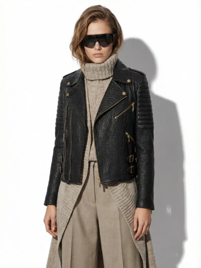 Leather Biker Jacket with Python Trim