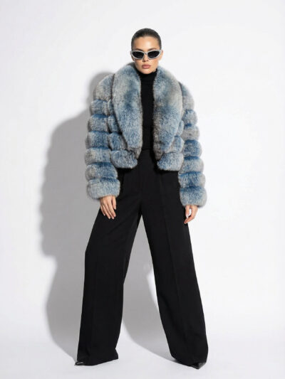 Icy Blue Fox Fur Jacket with Shawl Collar