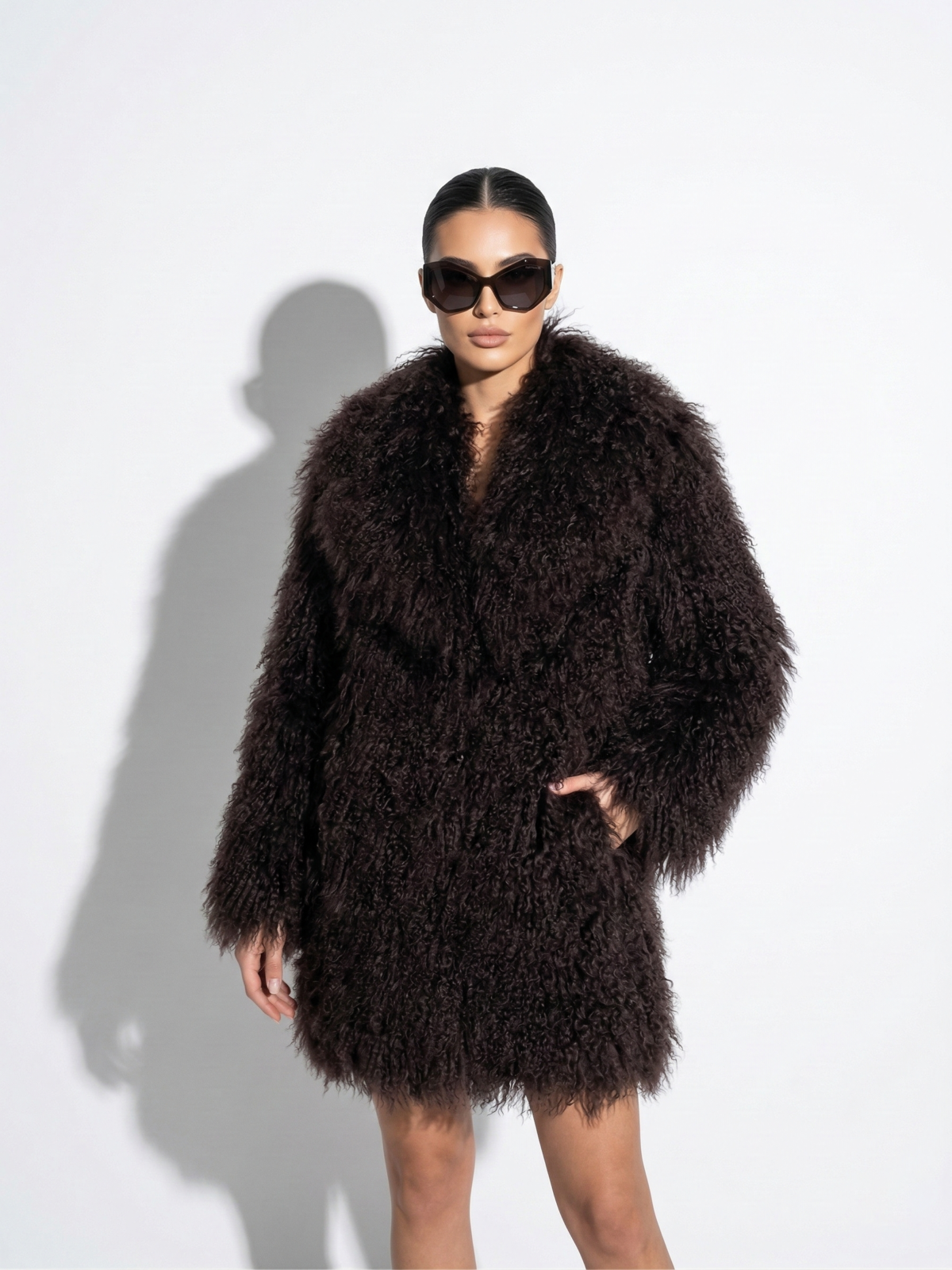 Brown Luxurious Mongolian Lamb Fur Coat | Chocolate Curly Sheepskin Shaggy Natural Tibetan Winter Overcoat