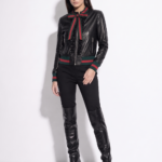 Leather Bomber Jacket with Ribbon Bow Tie