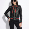 Ruffled Web Ribbon Bow Tie Leather Bomber Jacket - Red Green Stripe Trim