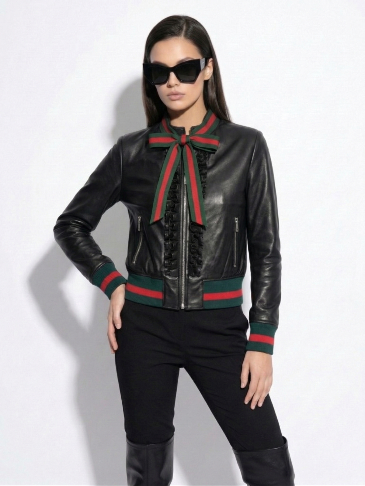 Ruffled Web Ribbon Bow Tie Leather Bomber Jacket - Red Green Stripe Trim