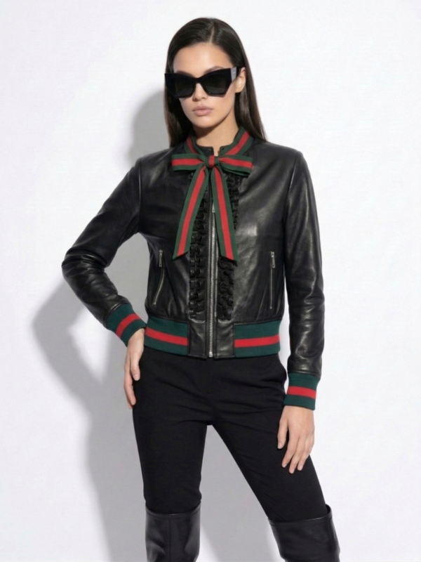 Ruffled Web Ribbon Bow Tie Leather Bomber Jacket - Red Green Stripe Trim