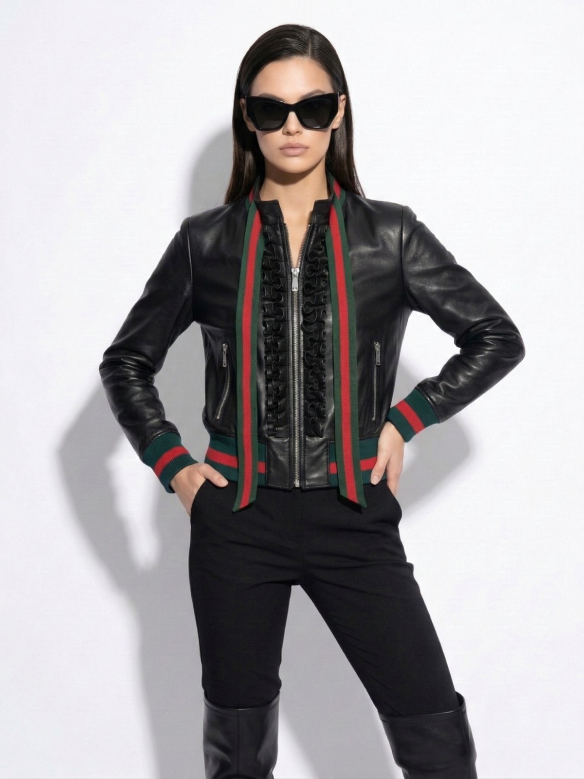 Ruffled Web Ribbon Bow Tie Leather Bomber Jacket - Red Green Stripe Trim