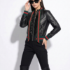 Ruffled Web Ribbon Bow Tie Leather Bomber Jacket - Red Green Stripe Trim