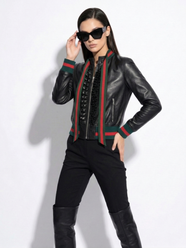Ruffled Web Ribbon Bow Tie Leather Bomber Jacket - Red Green Stripe Trim