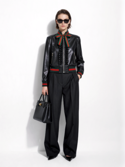 382 Leather Bomber Jacket with Ribbon Bow Tie