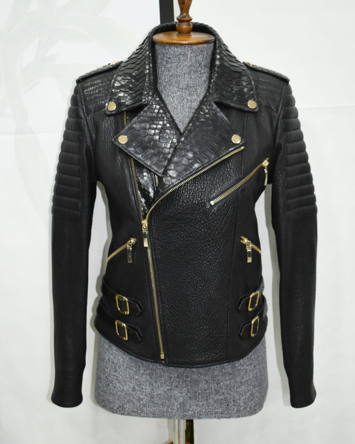 Leather Biker Jacket with Python Trim