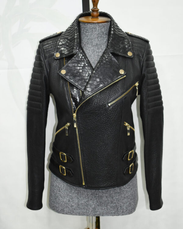 Premium Leather Biker Jacket with Python Trim