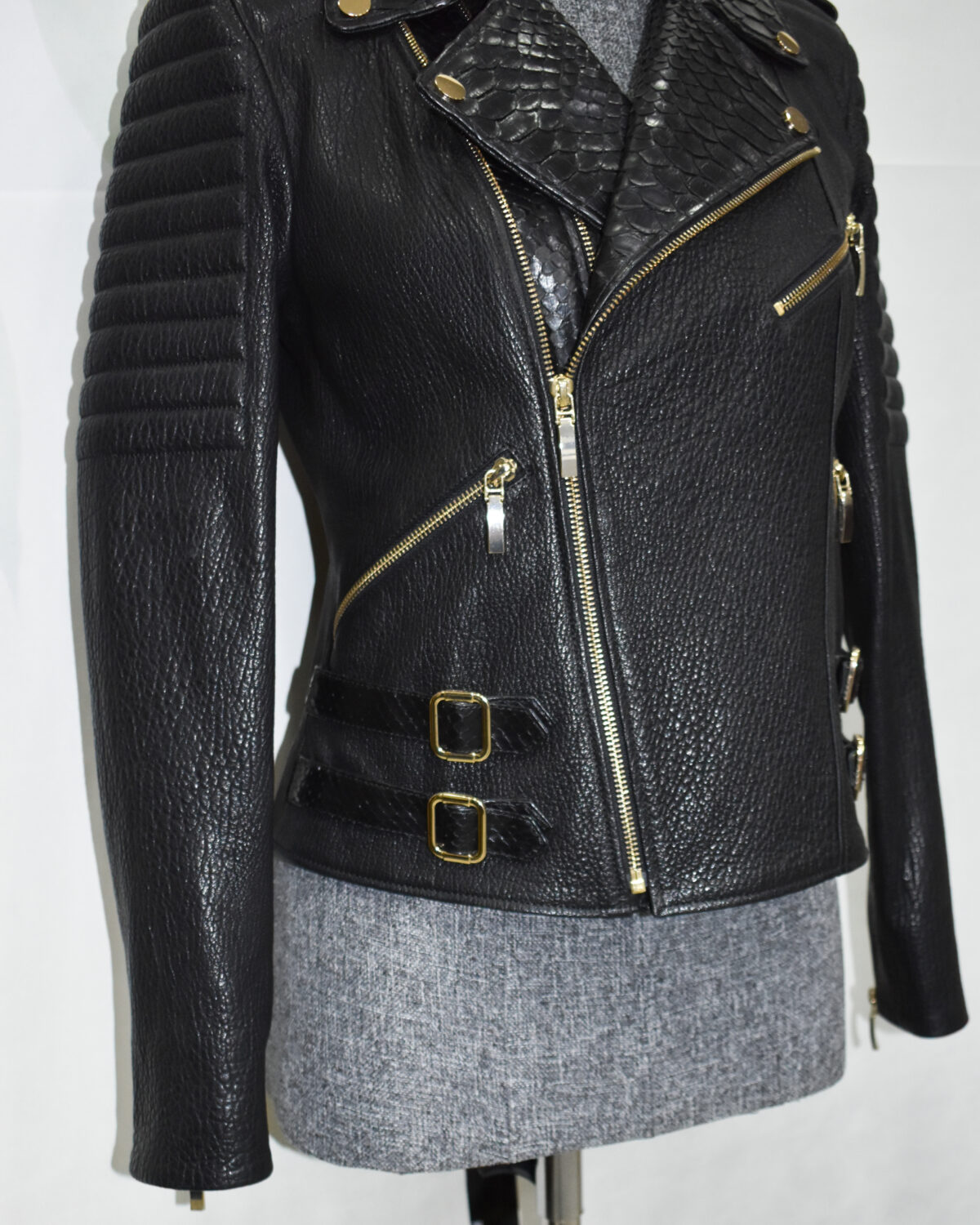 Premium Leather Biker Jacket with Python Trim