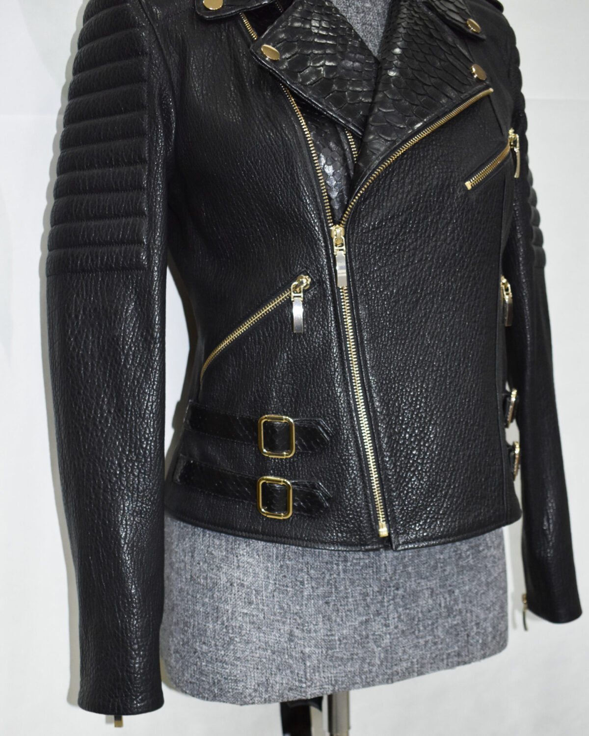Leather Biker Jacket with Python Trim
