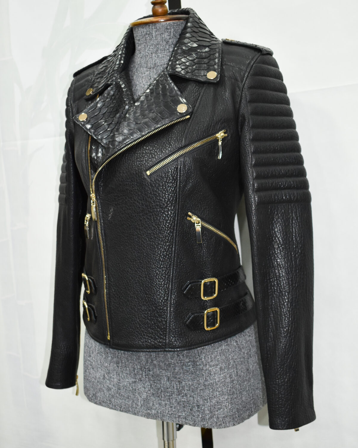 Premium Leather Biker Jacket with Python Trim