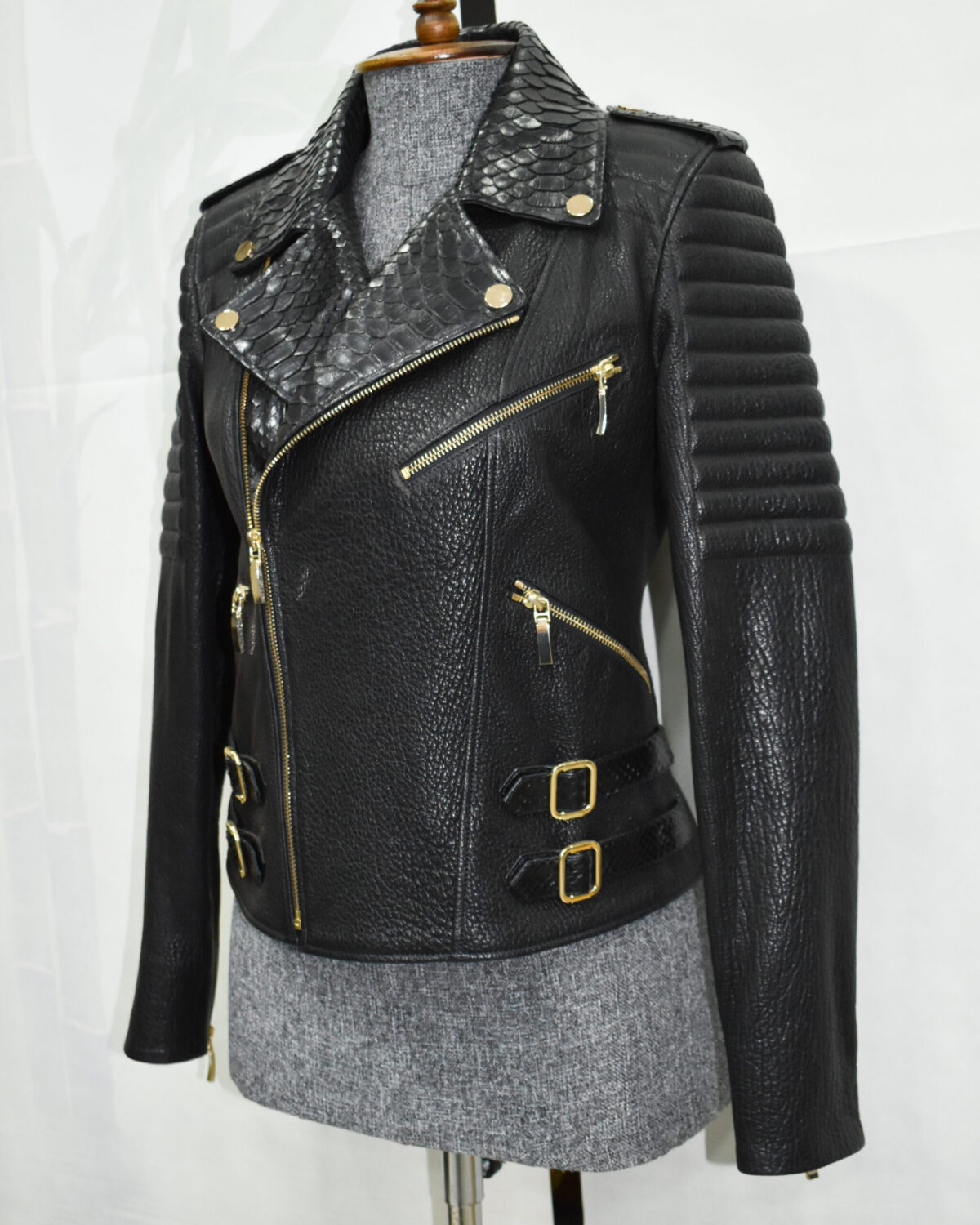 Leather Biker Jacket with Python Trim