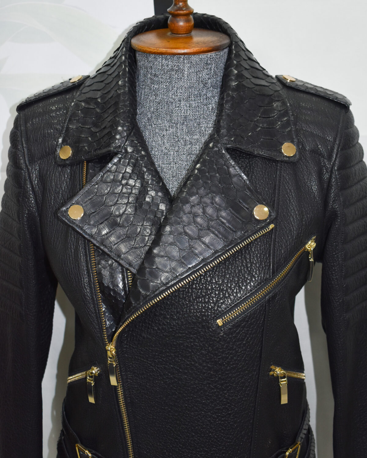 Premium Leather Biker Jacket with Python Trim