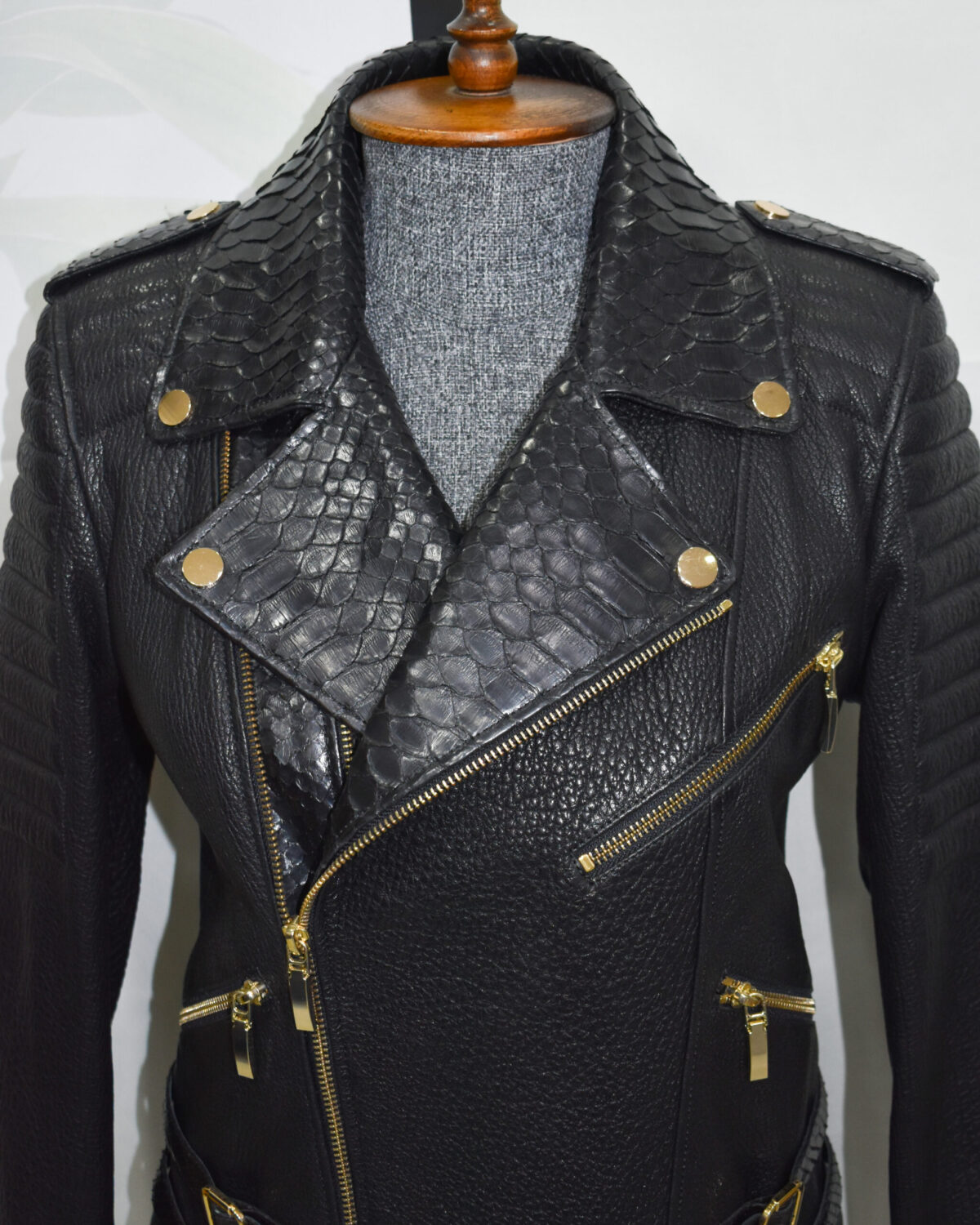 Leather Biker Jacket with Python Trim