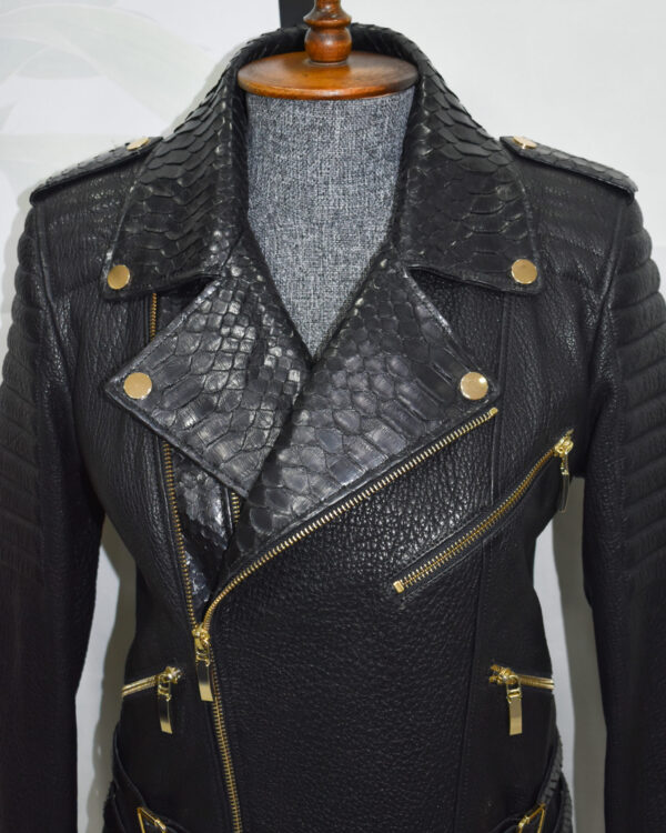 Premium Leather Biker Jacket with Python Trim