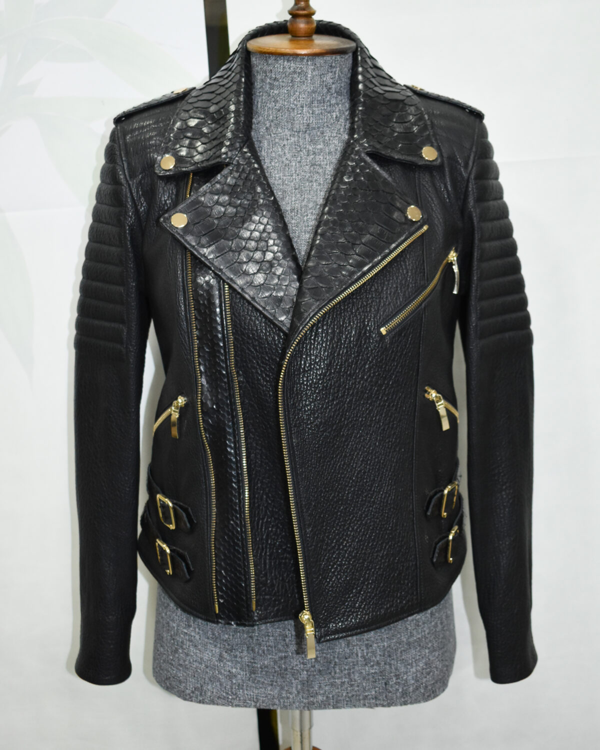 Premium Leather Biker Jacket with Python Trim