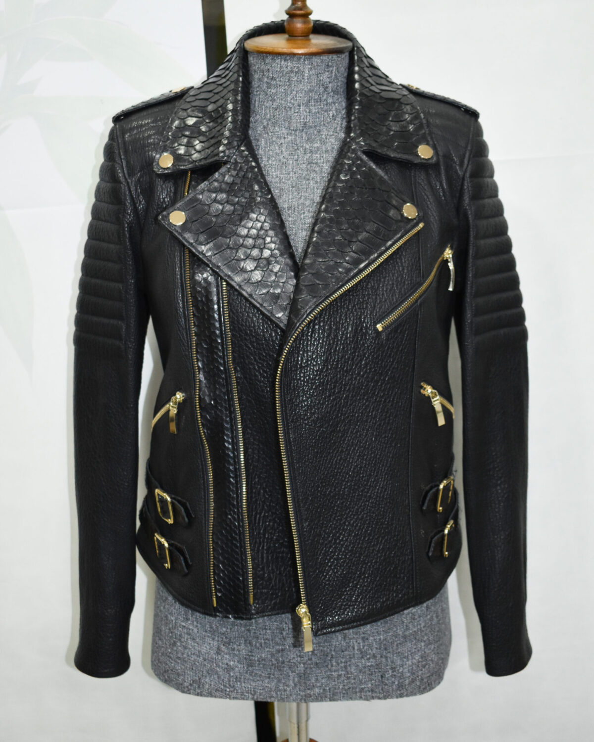 Leather Biker Jacket with Python Trim