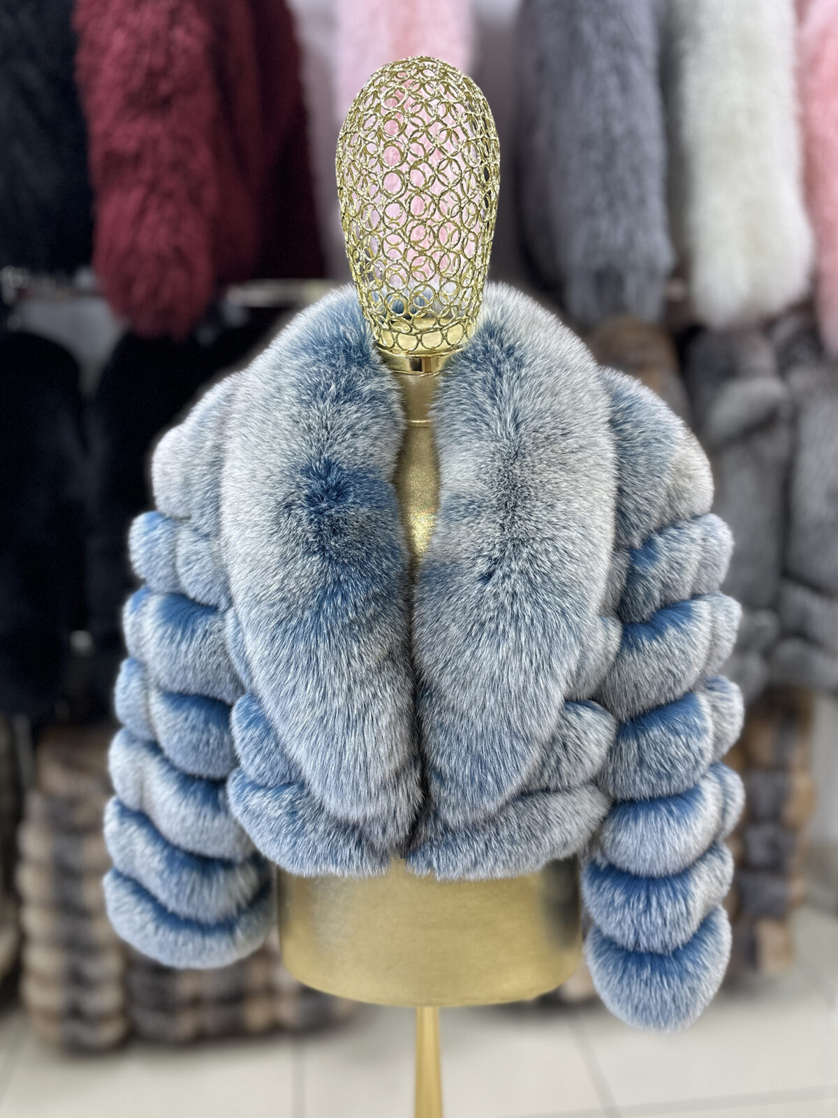 Icy Blue Fox Fur Jacket with Shawl Collar