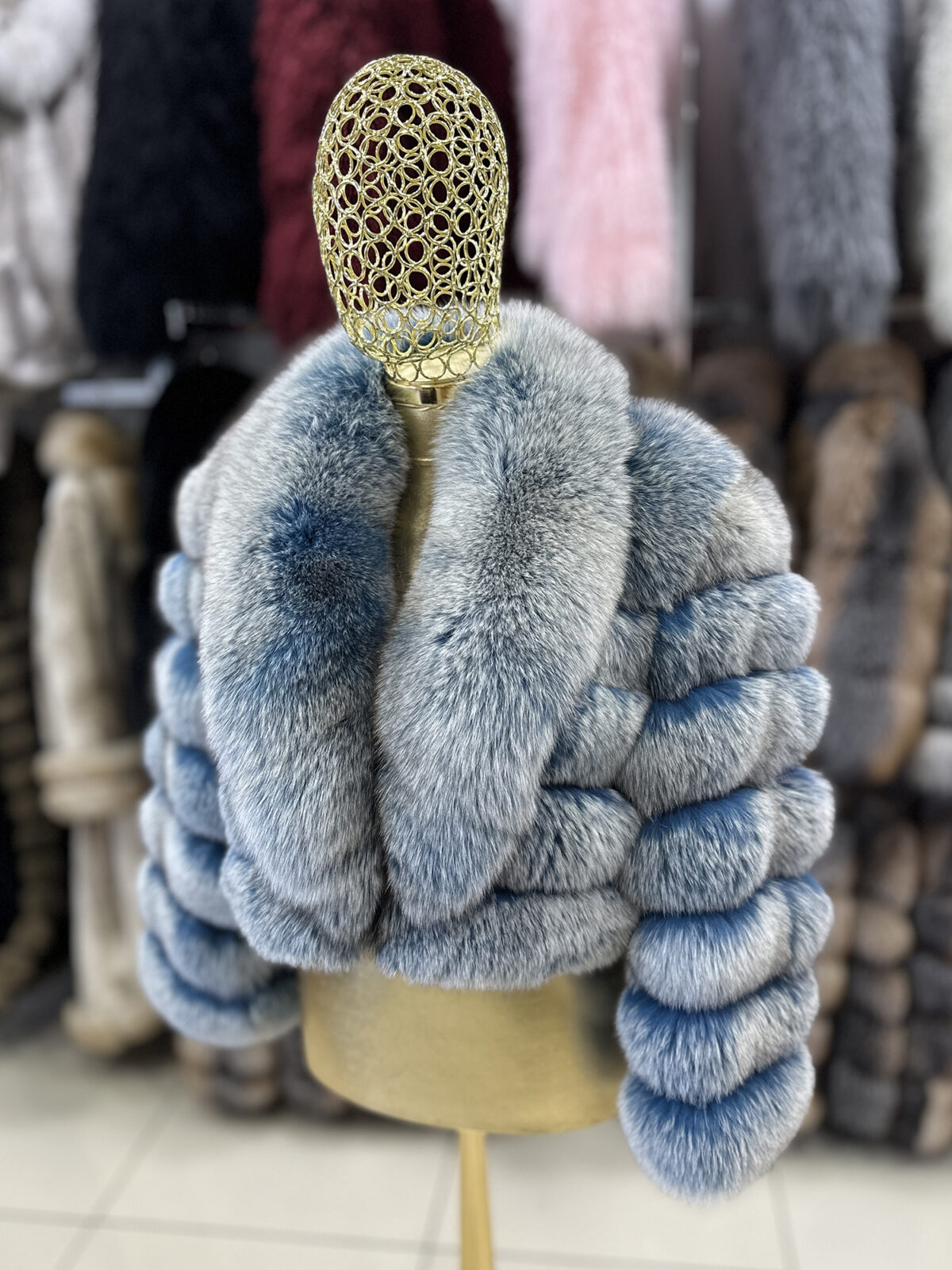 Icy Blue Fox Fur Jacket with Shawl Collar
