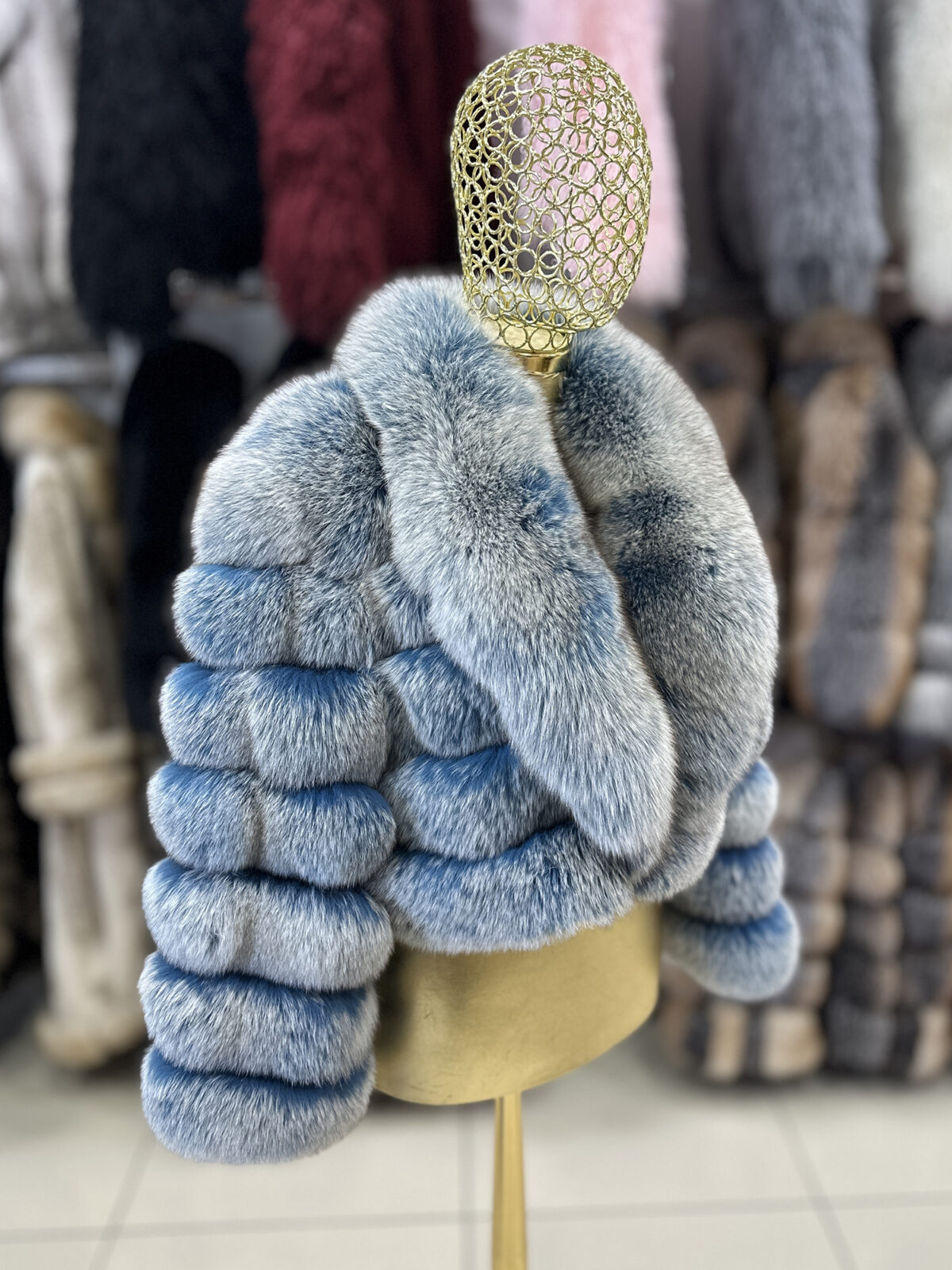 Icy Blue Fox Fur Jacket with Shawl Collar