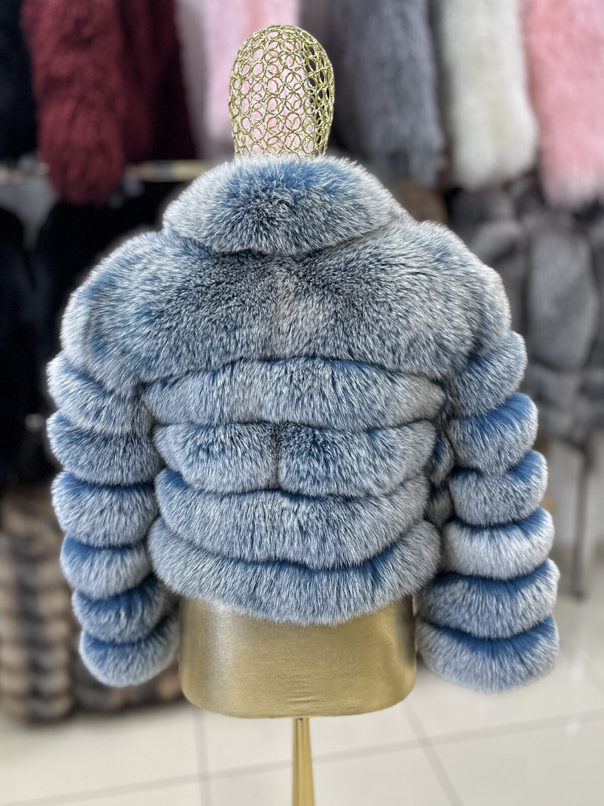 Icy Blue Fox Fur Jacket with Shawl Collar