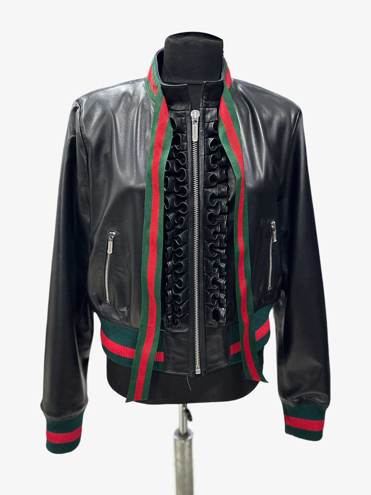 Leather Bomber Jacket with Ribbon Bow Tie