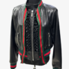 Leather Bomber Jacket with Ribbon Bow Tie