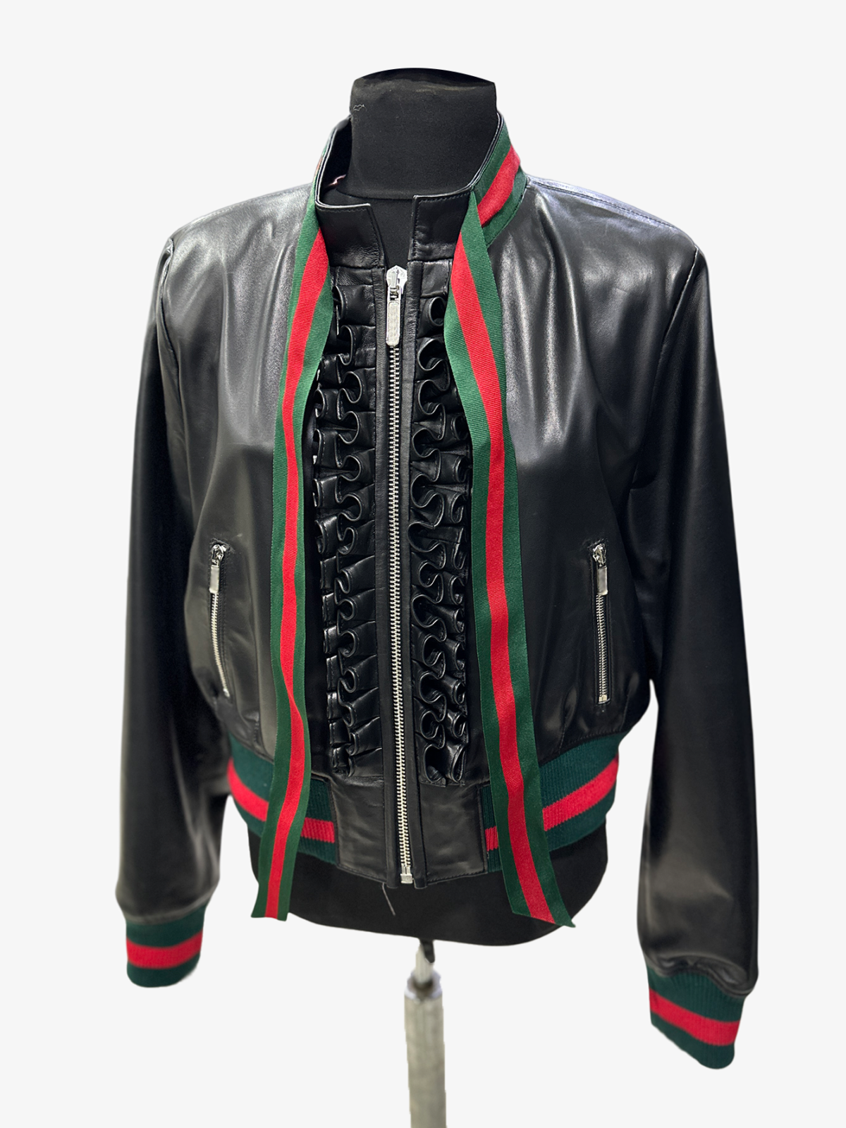 Leather Bomber Jacket with Ribbon Bow Tie