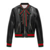 Ruffled Web Ribbon Bow Tie Leather Bomber Jacket - Red Green Stripe Trim