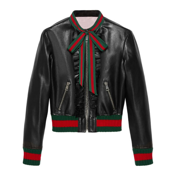 Ruffled Web Ribbon Bow Tie Leather Bomber Jacket - Red Green Stripe Trim