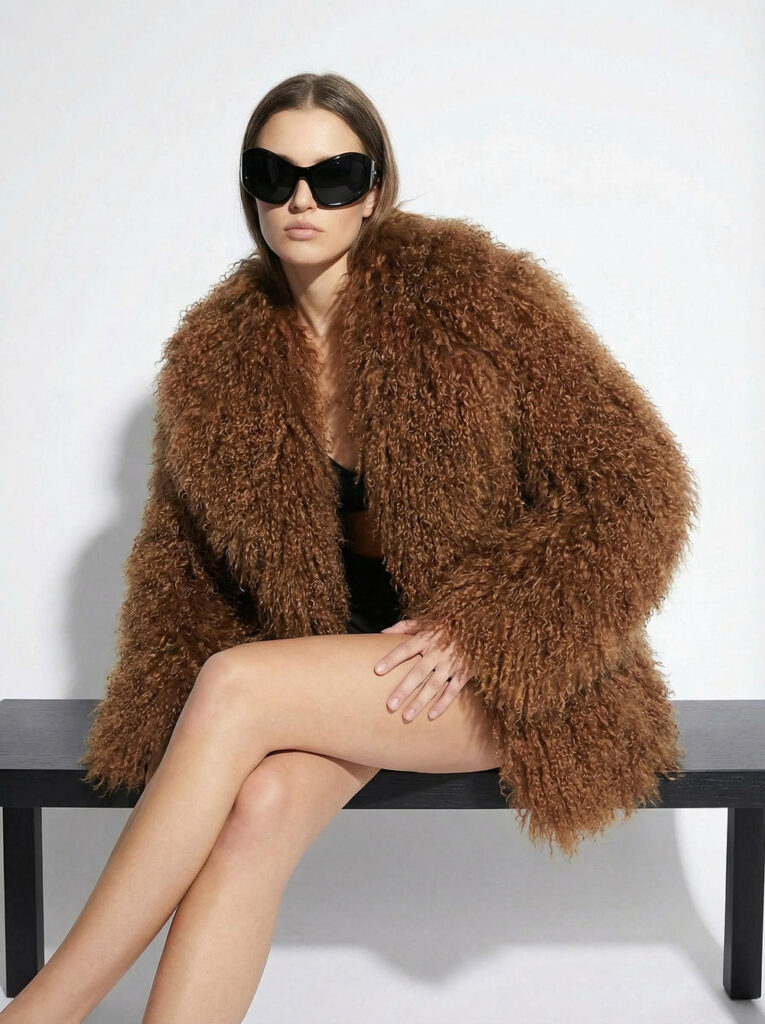 Tan Luxurious Mongolian Lamb Fur Jacket | Curly Sheepskin Shaggy Natural Tibetan Winter Coat