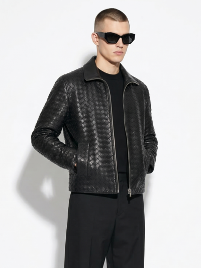 Intrecciato Lambskin Hand Woven Genuine Leather Men's Jacket