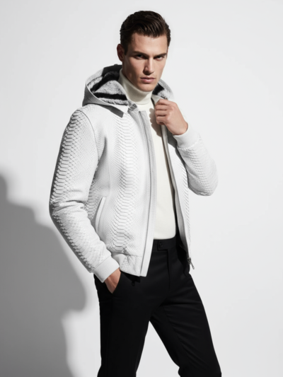 White Python Hooded Jacket with Rex Rabbit Lining